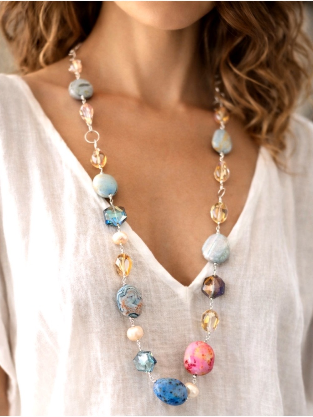 Blue Lace Agate Carnelian Necklace 34” Beggar Beads Statement